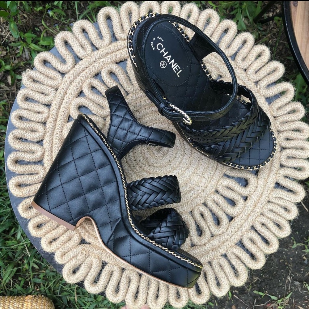 Chanel black leather braided wedge